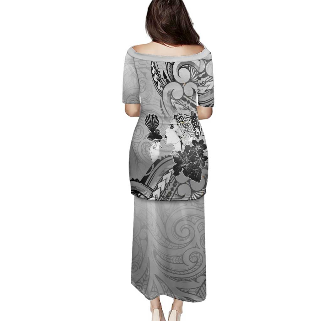 Aotearoa Maori Wahine Family Matching Puletasi and Hawaiian Shirt Fantail Bird Black Gold Marble