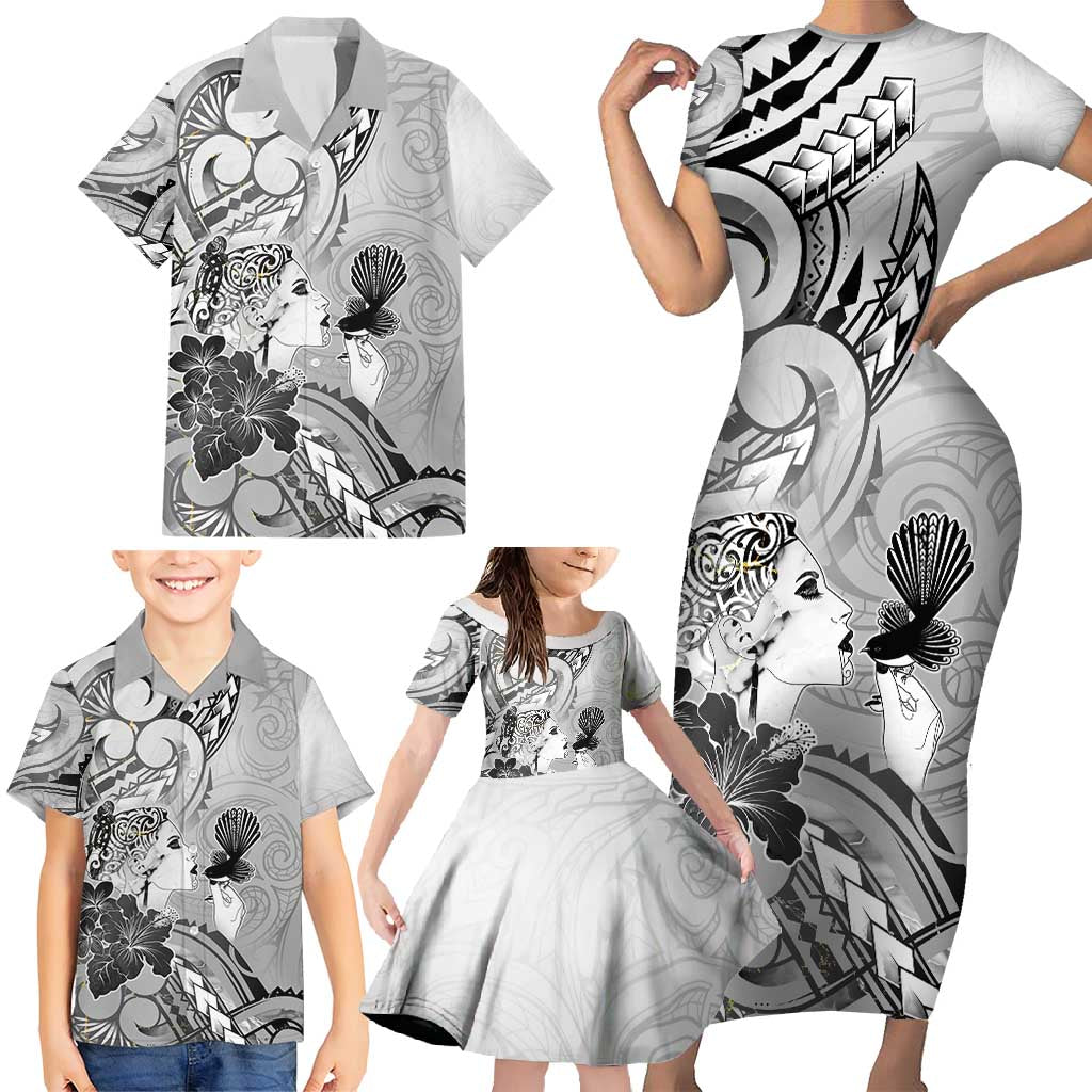Aotearoa Maori Wahine Family Matching Short Sleeve Bodycon Dress and Hawaiian Shirt Fantail Bird Black Gold Marble LT05 - Polynesian Pride