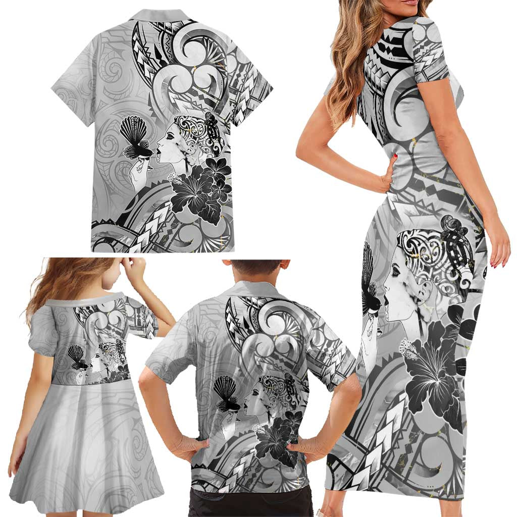 Aotearoa Maori Wahine Family Matching Short Sleeve Bodycon Dress and Hawaiian Shirt Fantail Bird Black Gold Marble LT05 - Polynesian Pride