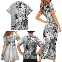 Aotearoa Maori Wahine Family Matching Short Sleeve Bodycon Dress and Hawaiian Shirt Fantail Bird Black Gold Marble LT05 - Polynesian Pride