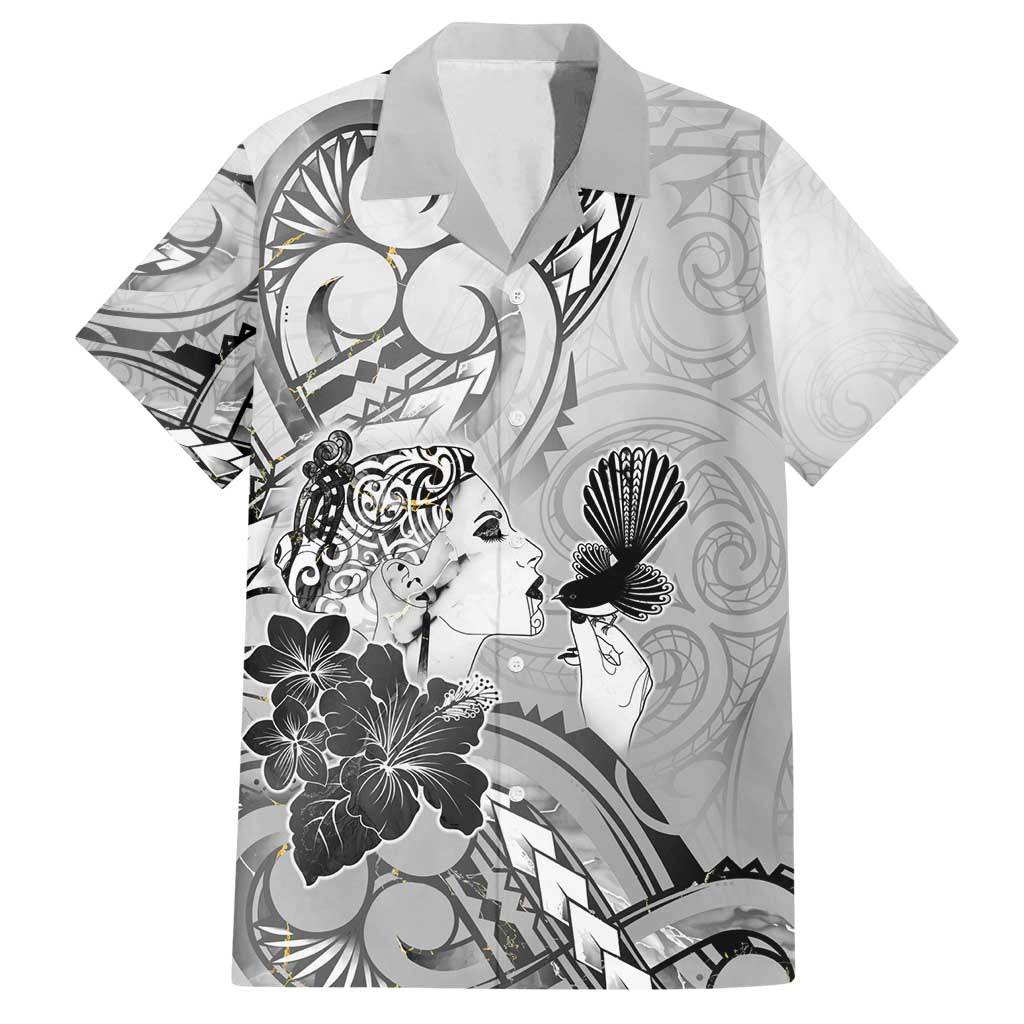 Aotearoa Maori Wahine Family Matching Summer Maxi Dress and Hawaiian Shirt Fantail Bird Black Gold Marble LT05 Dad's Shirt - Short Sleeve Black - Polynesian Pride