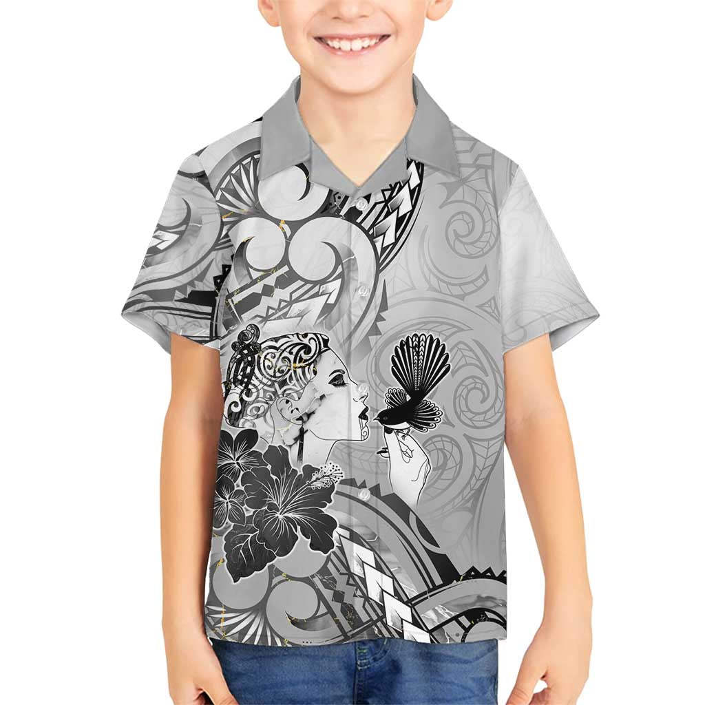 Aotearoa Maori Wahine Family Matching Summer Maxi Dress and Hawaiian Shirt Fantail Bird Black Gold Marble LT05 Son's Shirt Black - Polynesian Pride