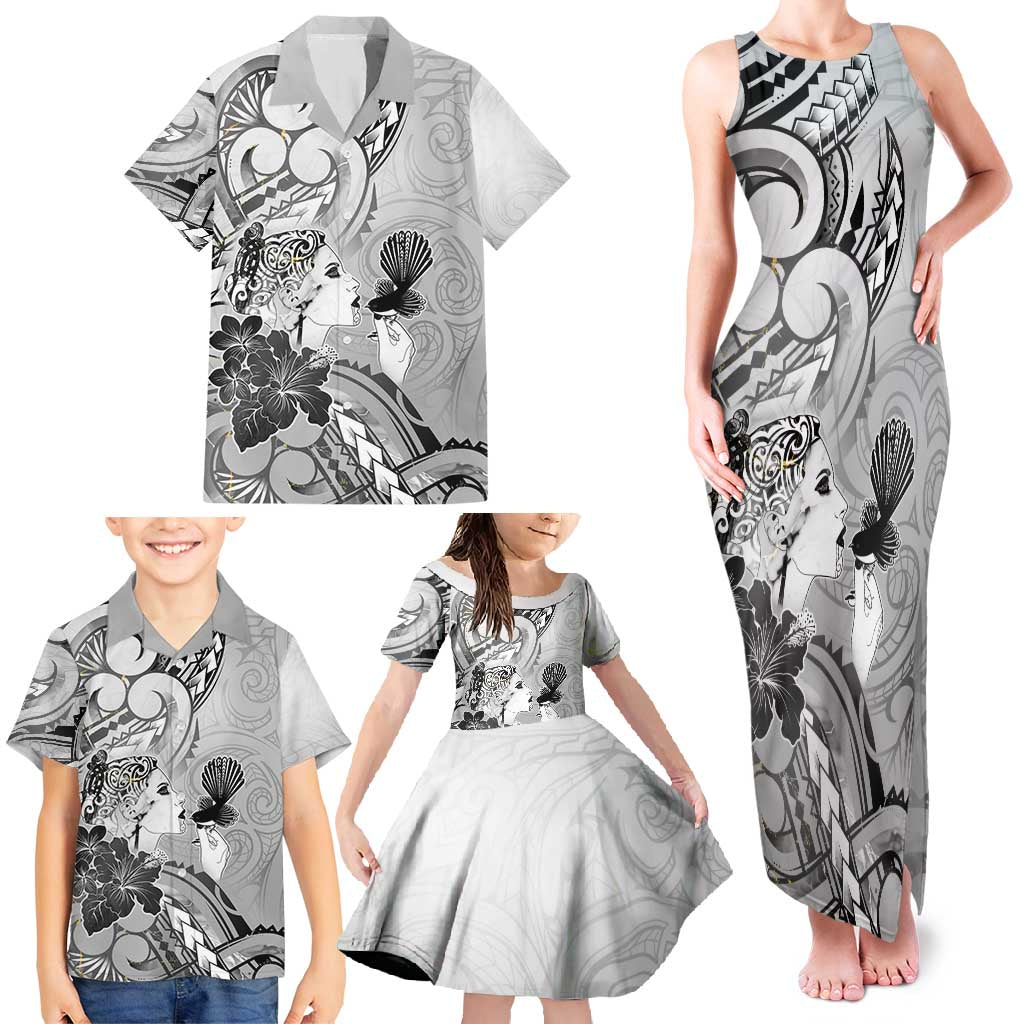 Aotearoa Maori Wahine Family Matching Tank Maxi Dress and Hawaiian Shirt Fantail Bird Black Gold Marble LT05 - Polynesian Pride