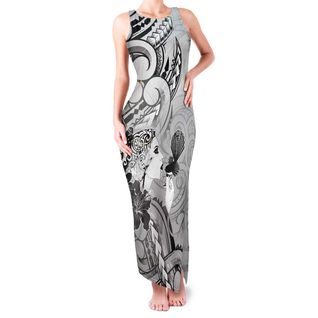 Aotearoa Maori Wahine Family Matching Tank Maxi Dress and Hawaiian Shirt Fantail Bird Black Gold Marble LT05 Mom's Dress Black - Polynesian Pride