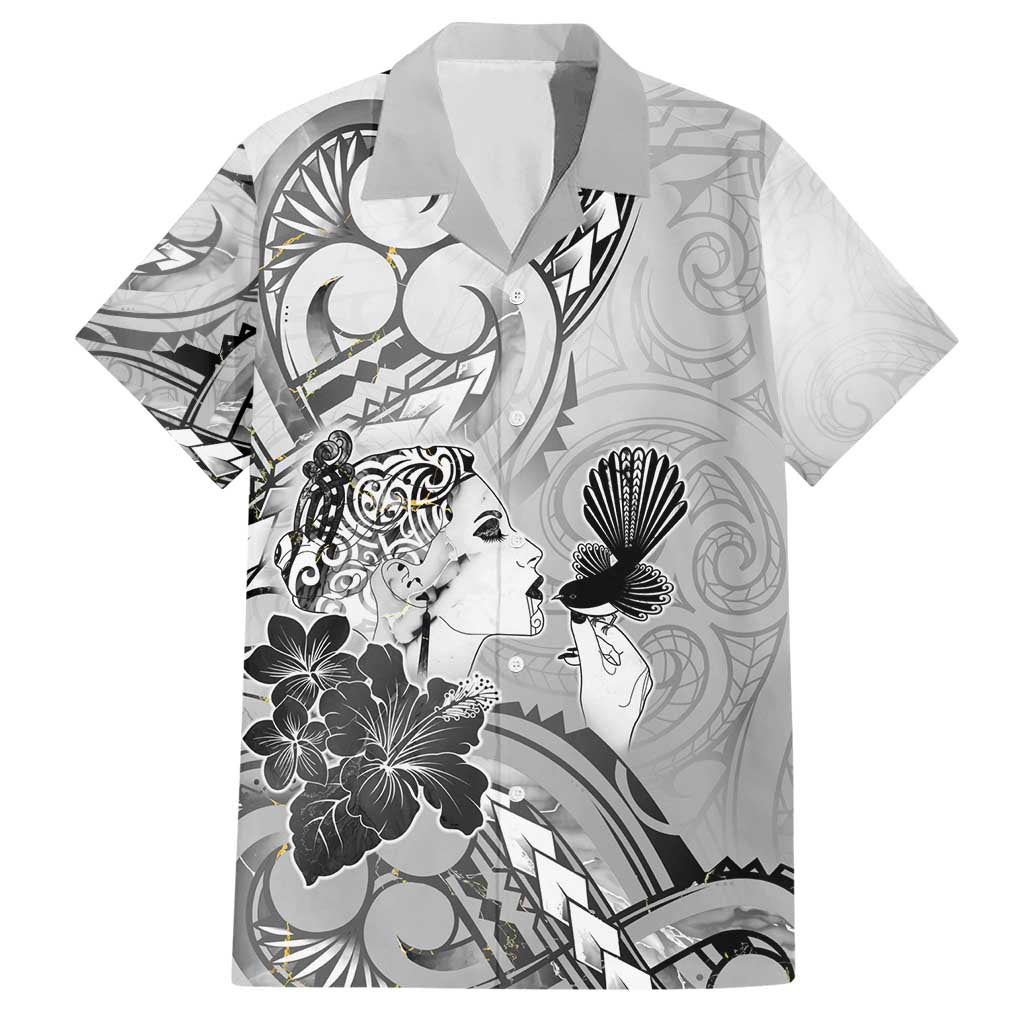 Aotearoa Maori Wahine Hawaiian Shirt Fantail Bird Black Gold Marble