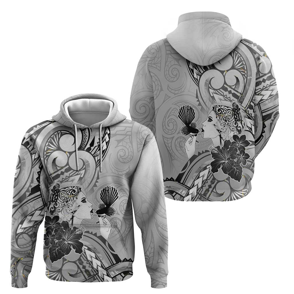 Aotearoa Maori Wahine Hoodie Fantail Bird Black Gold Marble