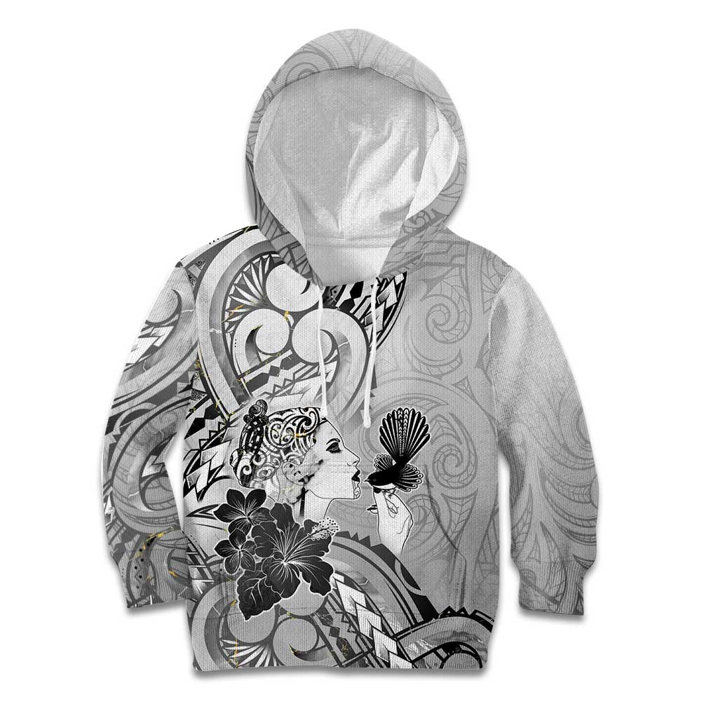 Aotearoa Maori Wahine Kid Hoodie Fantail Bird Black Gold Marble