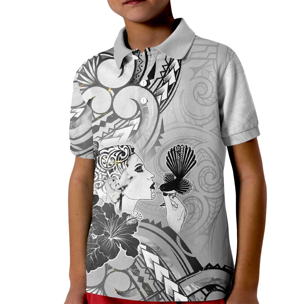 Aotearoa Maori Wahine Kid Polo Shirt Fantail Bird Black Gold Marble
