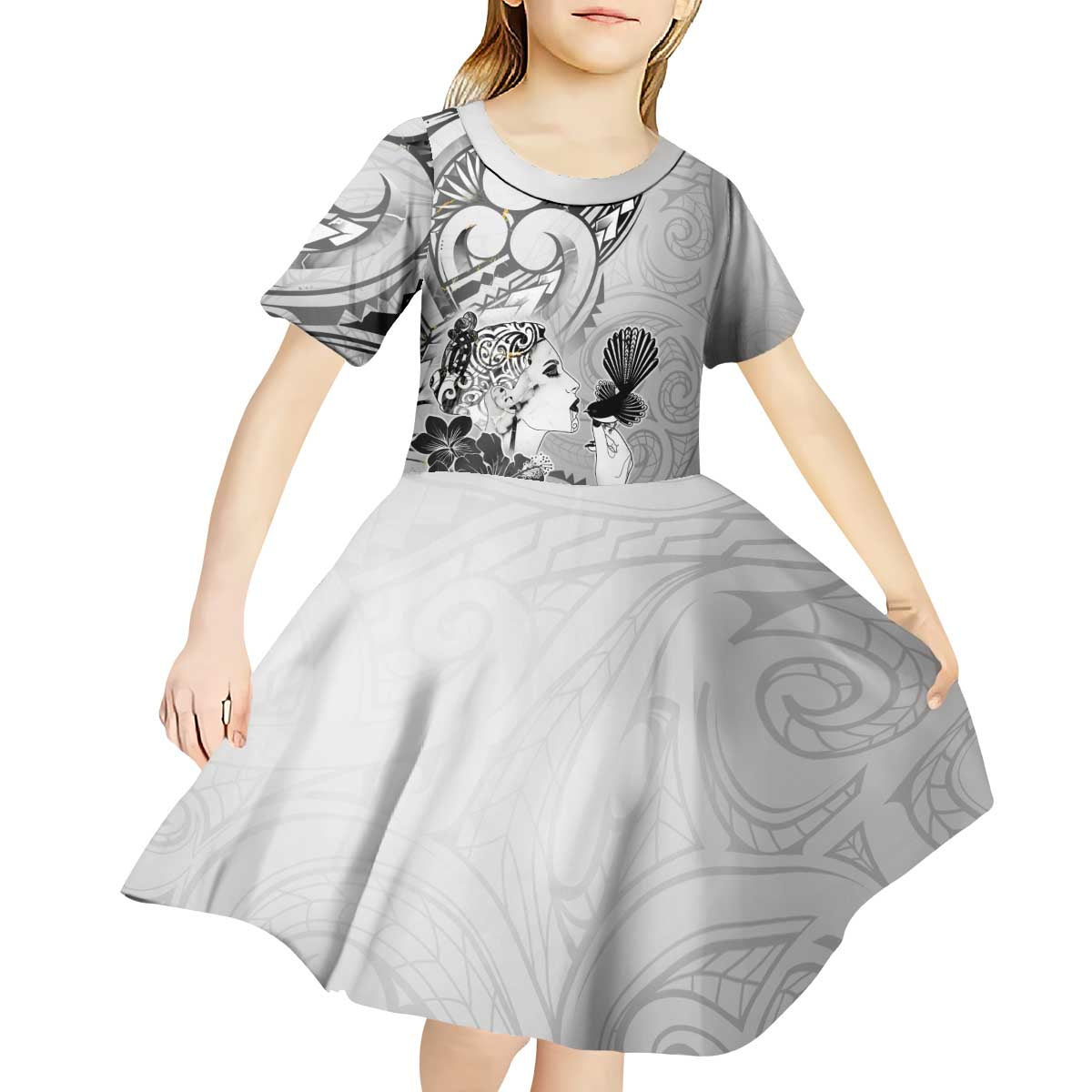 Aotearoa Maori Wahine Kid Short Sleeve Dress Fantail Bird Black Gold Marble
