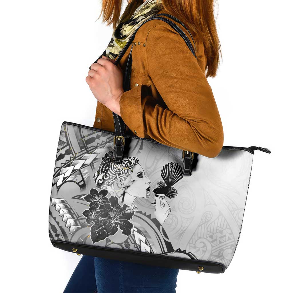 Aotearoa Maori Wahine Leather Tote Bag Fantail Bird Black Gold Marble