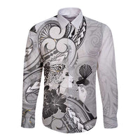 Aotearoa Maori Wahine Long Sleeve Button Shirt Fantail Bird Black Gold Marble