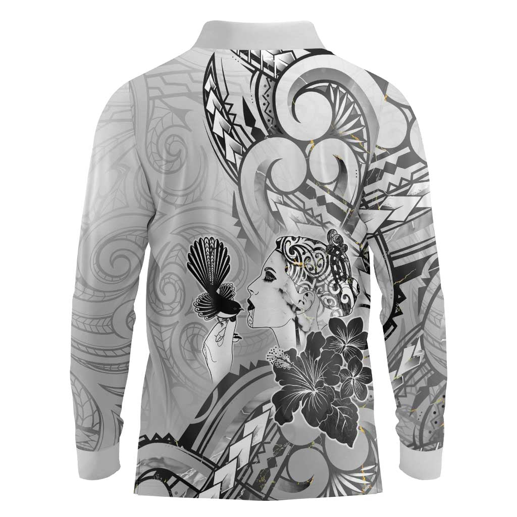 Aotearoa Maori Wahine Long Sleeve Polo Shirt Fantail Bird Black Gold Marble