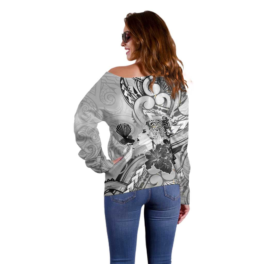 Aotearoa Maori Wahine Off Shoulder Sweater Fantail Bird Black Gold Marble