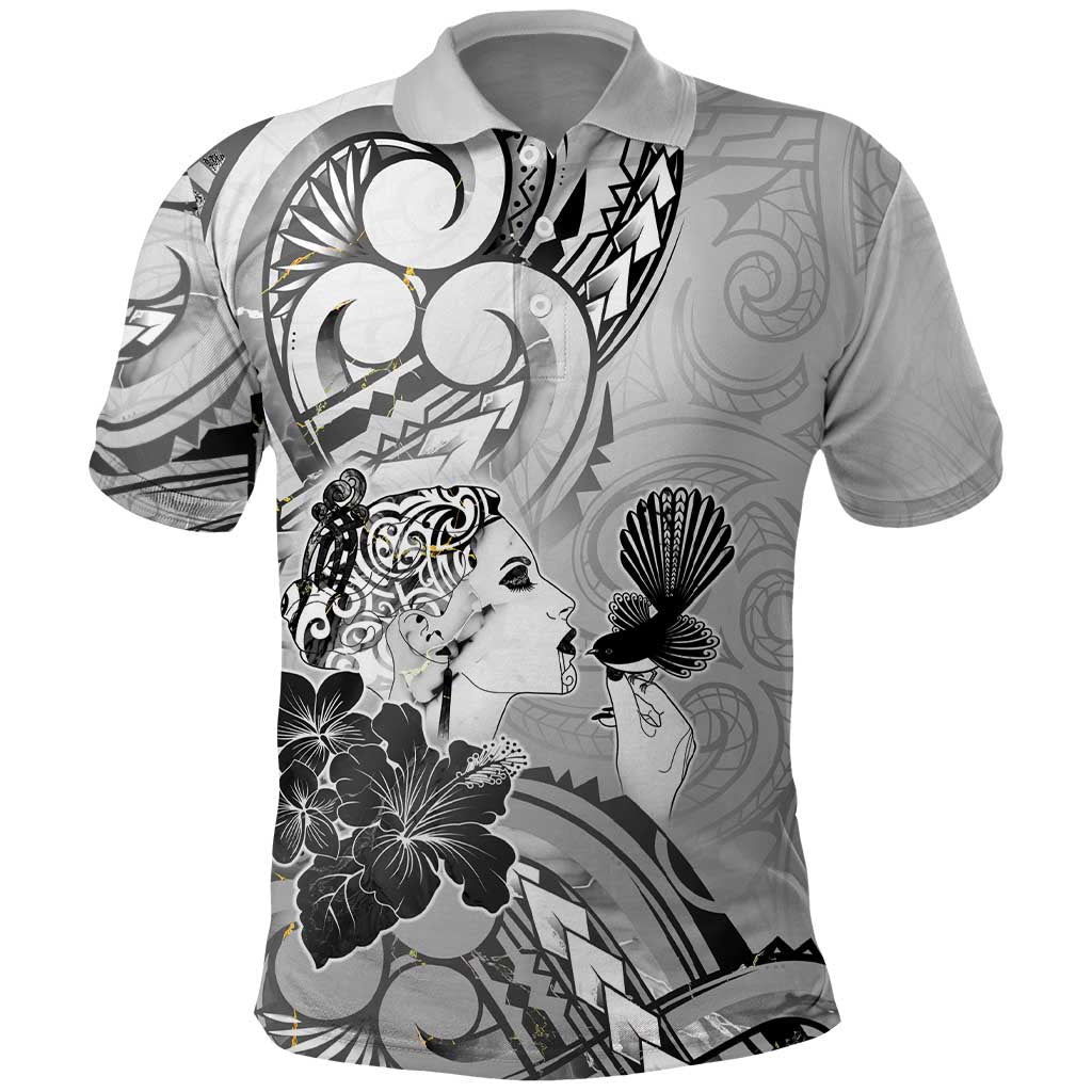 Aotearoa Maori Wahine Polo Shirt Fantail Bird Black Gold Marble