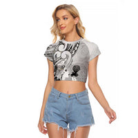 Aotearoa Maori Wahine Raglan Cropped T Shirt Fantail Bird Black Gold Marble