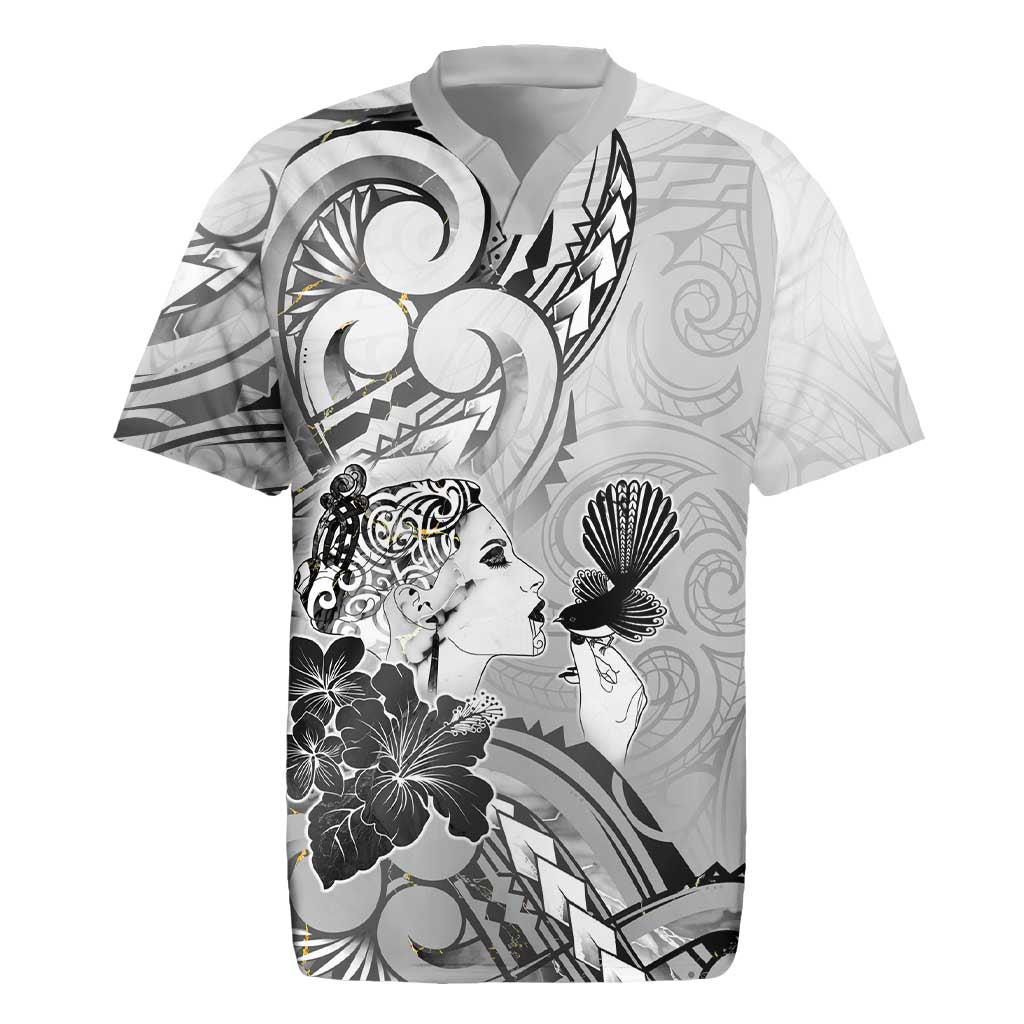 Aotearoa Maori Wahine Rugby Jersey Fantail Bird Black Gold Marble