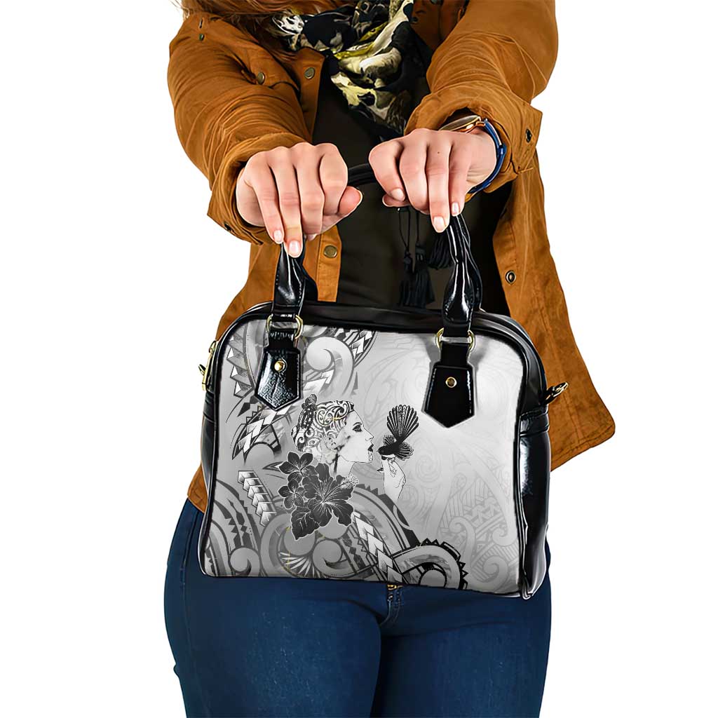 Aotearoa Maori Wahine Shoulder Handbag Fantail Bird Black Gold Marble