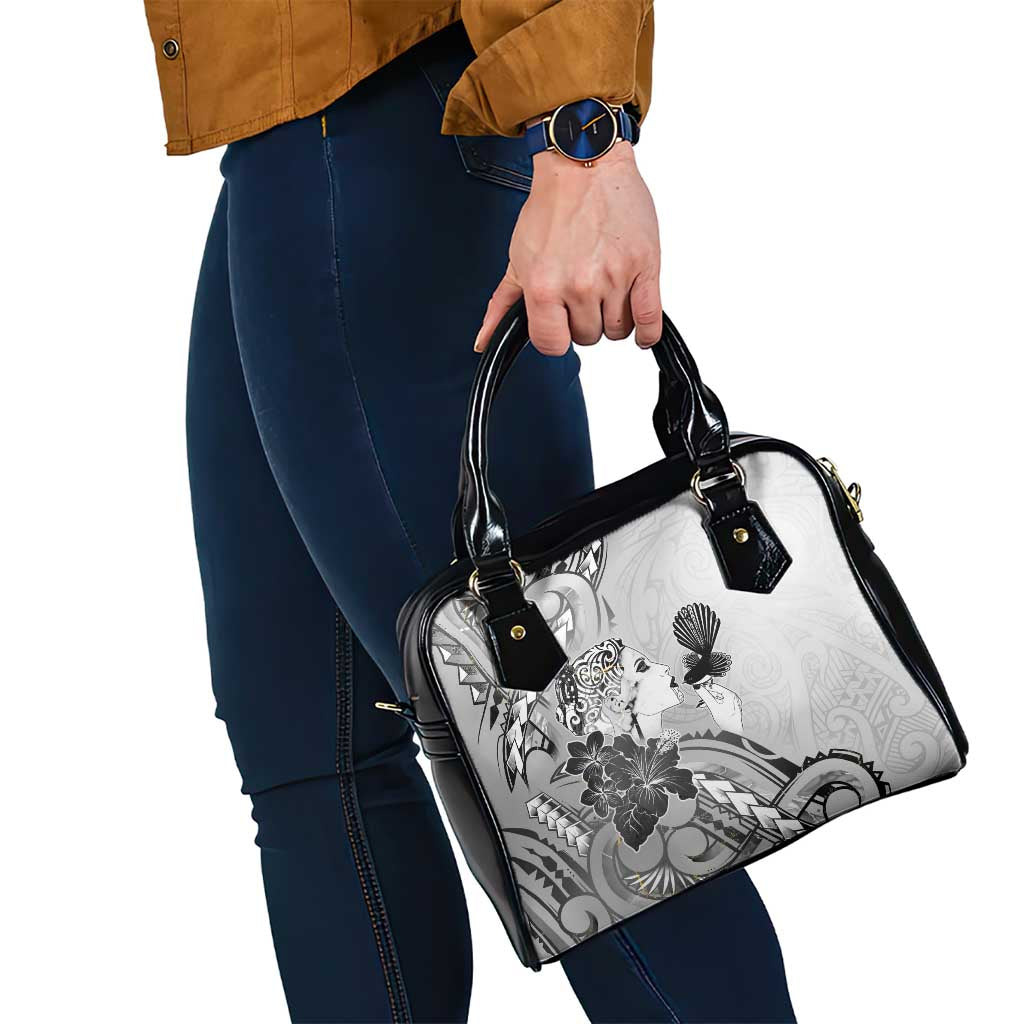 Aotearoa Maori Wahine Shoulder Handbag Fantail Bird Black Gold Marble