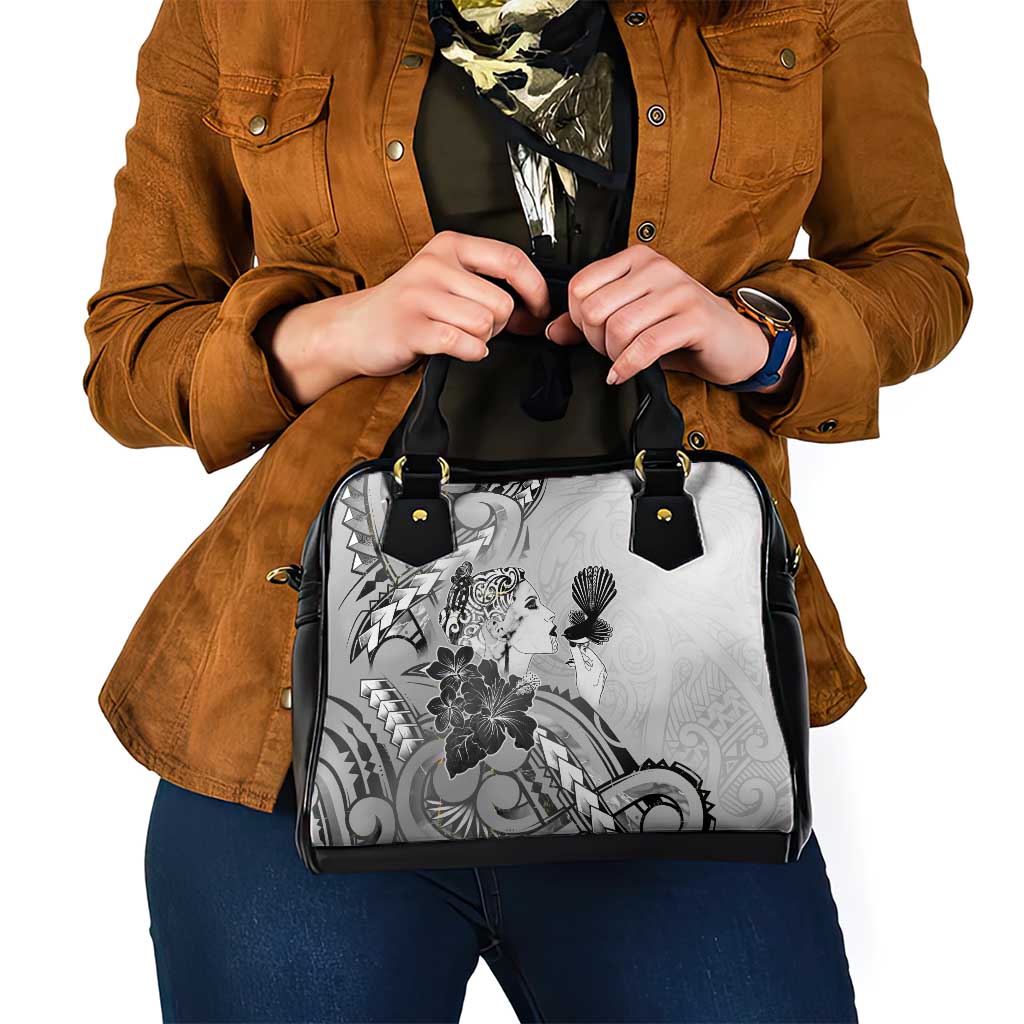 Aotearoa Maori Wahine Shoulder Handbag Fantail Bird Black Gold Marble
