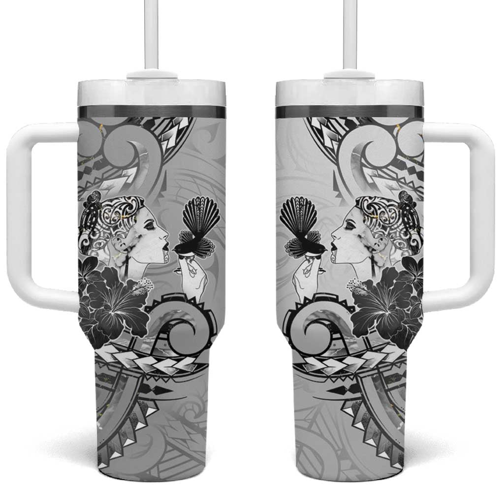 Aotearoa Maori Wahine Tumbler With Handle Fantail Bird Black Gold Marble