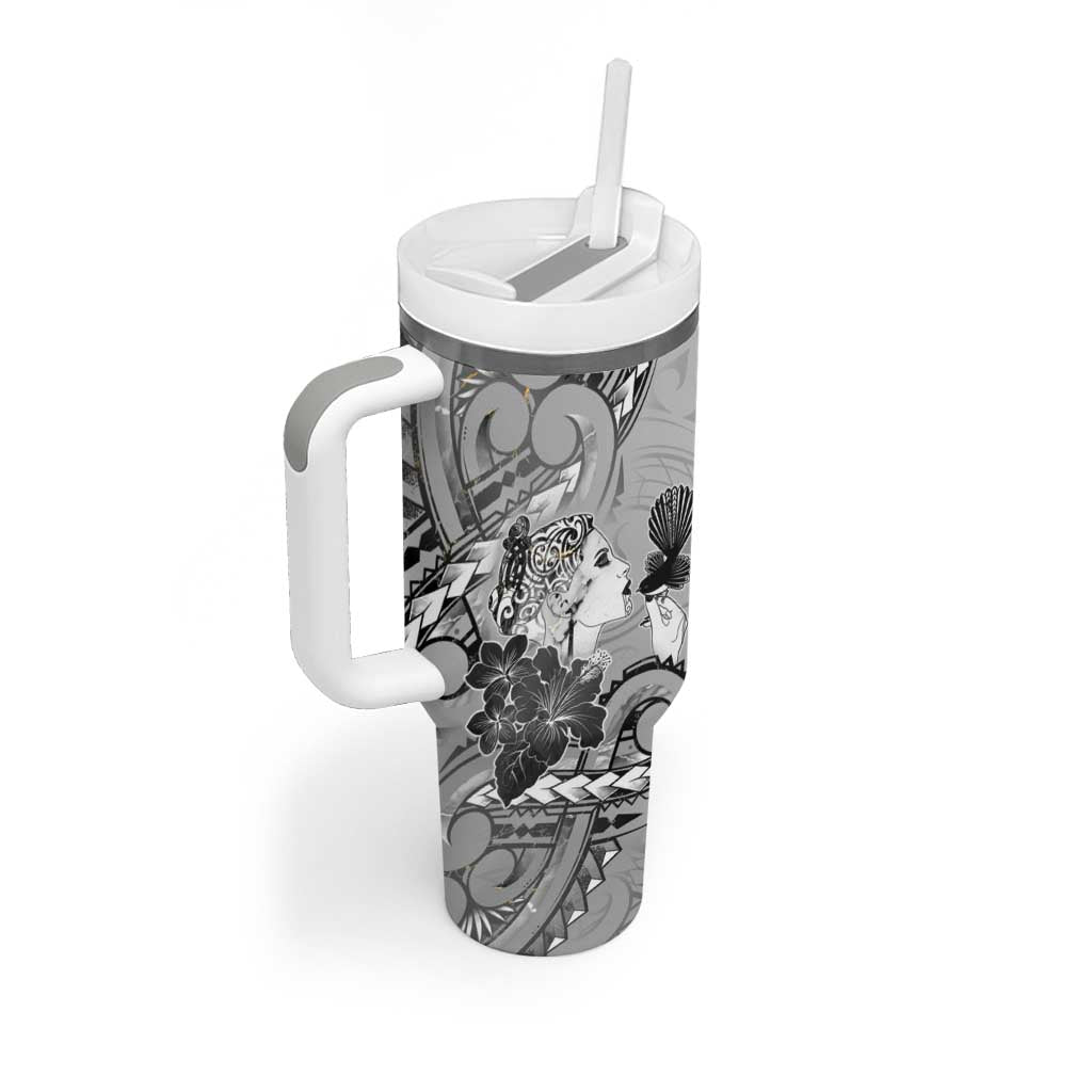 Aotearoa Maori Wahine Tumbler With Handle Fantail Bird Black Gold Marble