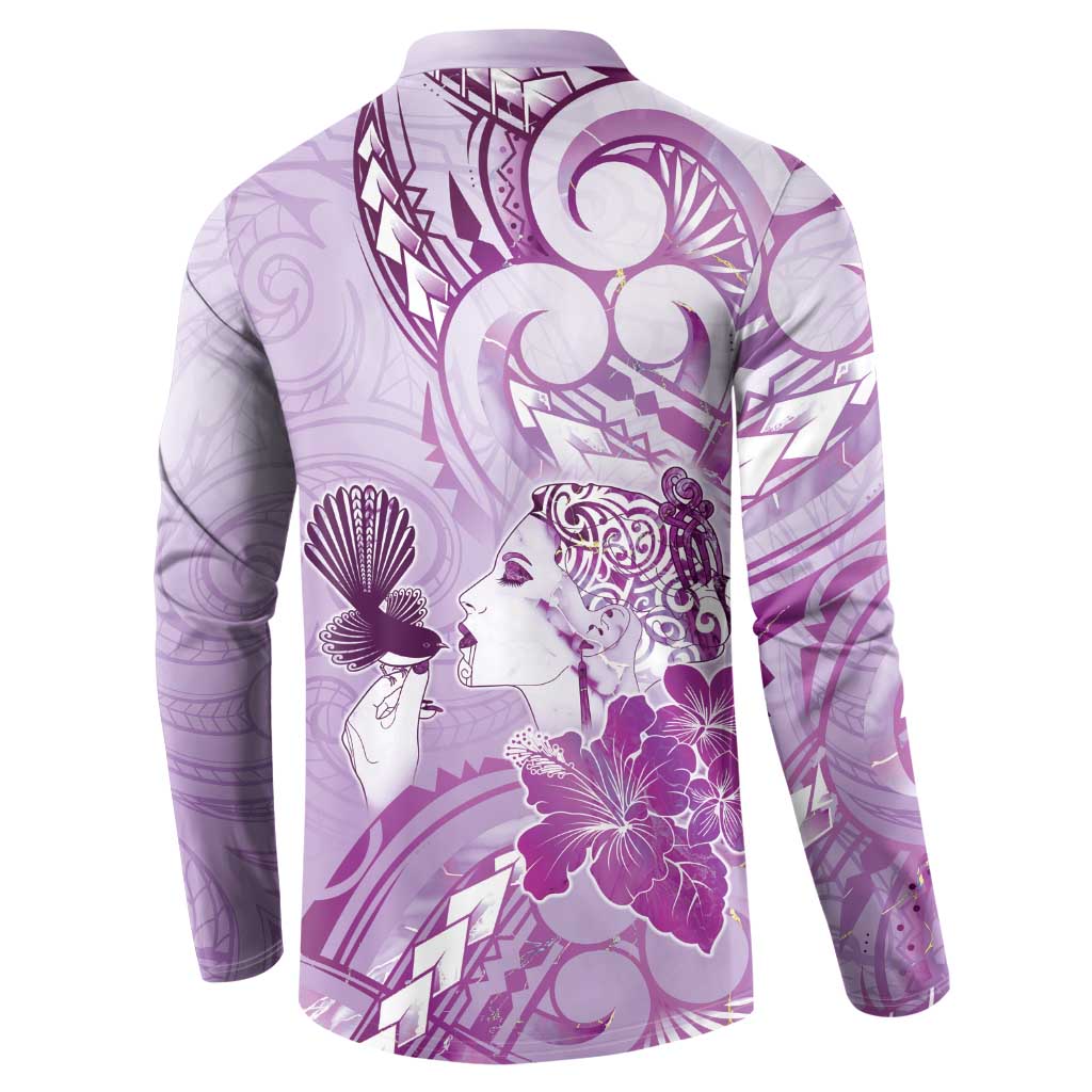 Aotearoa Maori Wahine Button Sweatshirt Fantail Bird Purple Gold Marble