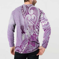Aotearoa Maori Wahine Button Sweatshirt Fantail Bird Purple Gold Marble