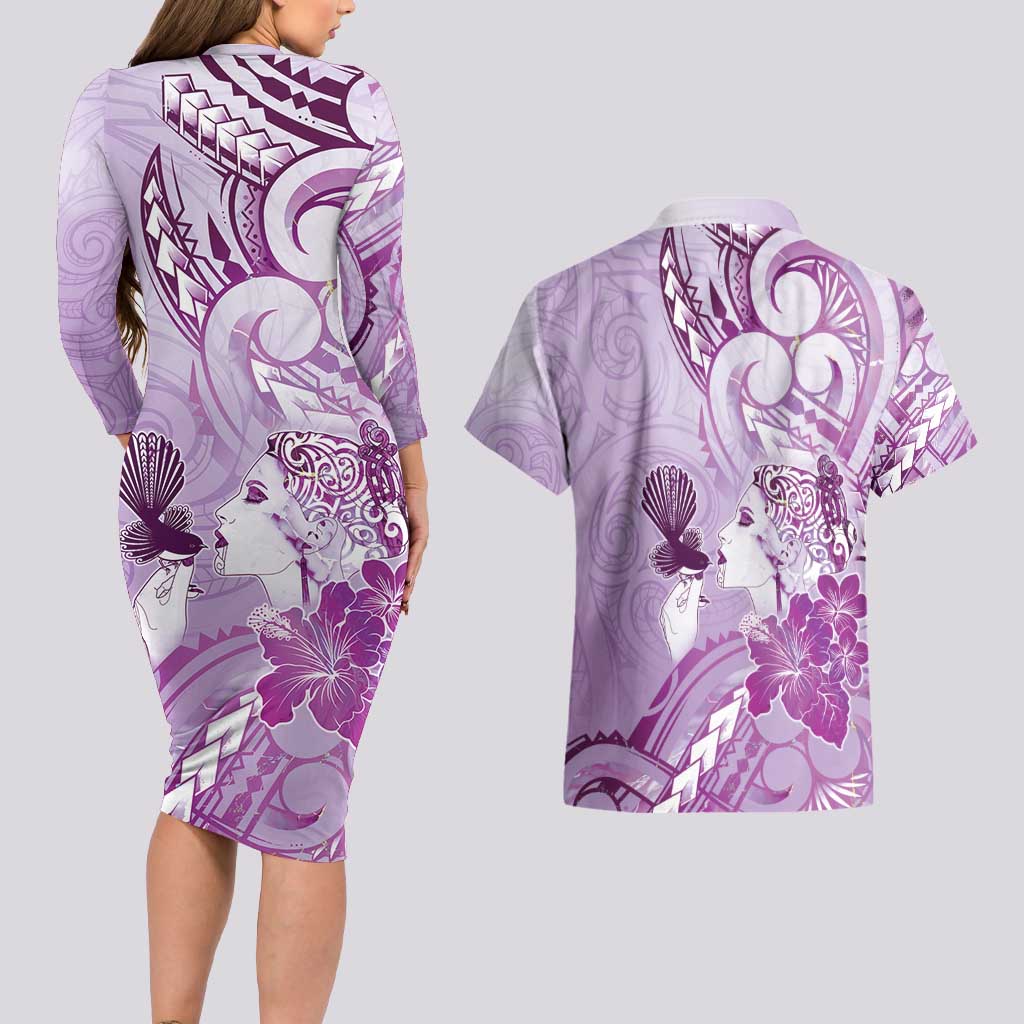 Aotearoa Maori Wahine Couples Matching Long Sleeve Bodycon Dress and Hawaiian Shirt Fantail Bird Purple Gold Marble LT05 - Polynesian Pride