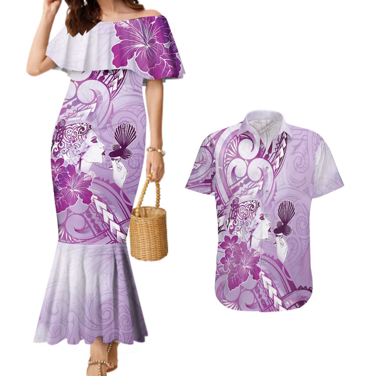 Aotearoa Maori Wahine Couples Matching Mermaid Dress and Hawaiian Shirt Fantail Bird Purple Gold Marble LT05 Purple - Polynesian Pride