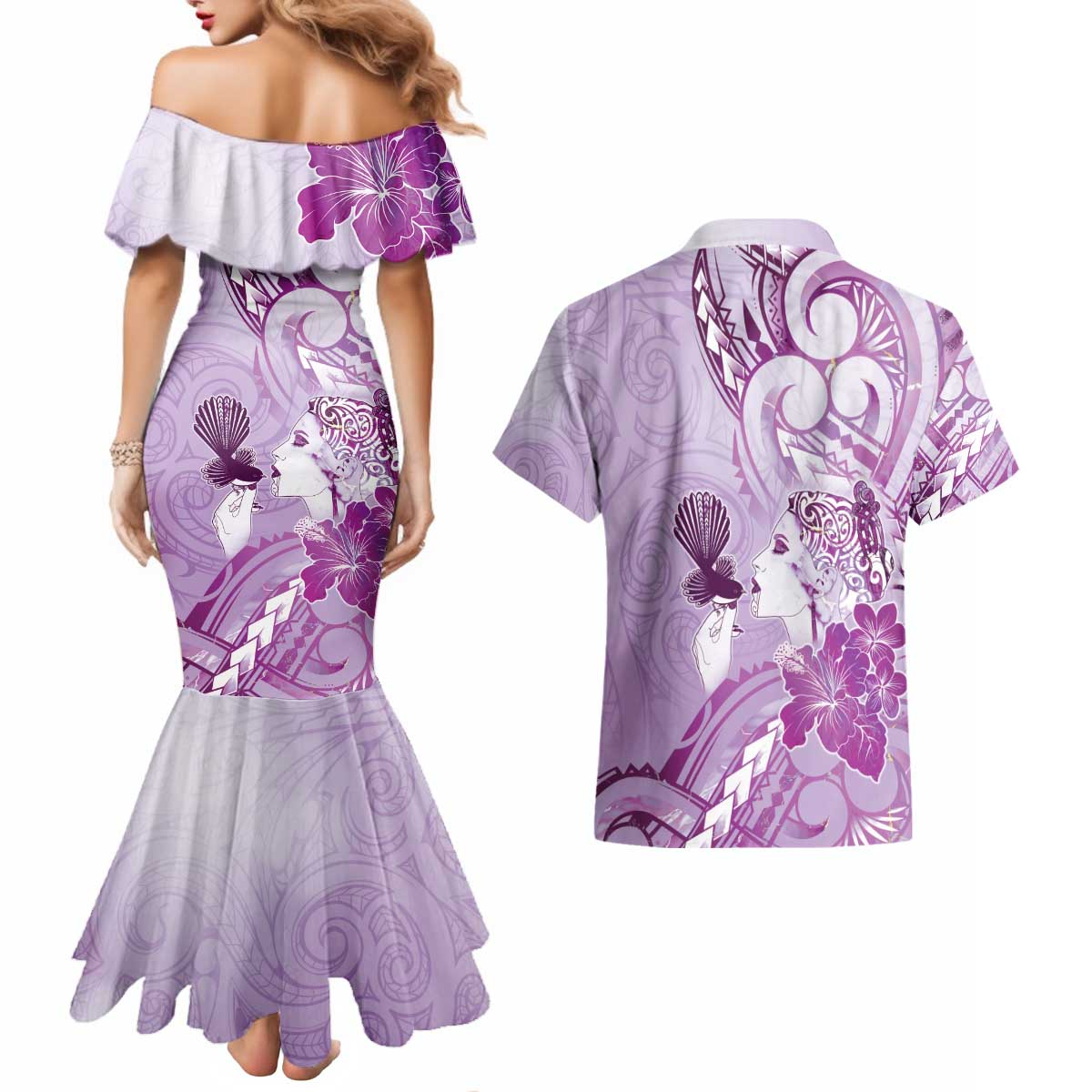 Aotearoa Maori Wahine Couples Matching Mermaid Dress and Hawaiian Shirt Fantail Bird Purple Gold Marble LT05 - Polynesian Pride