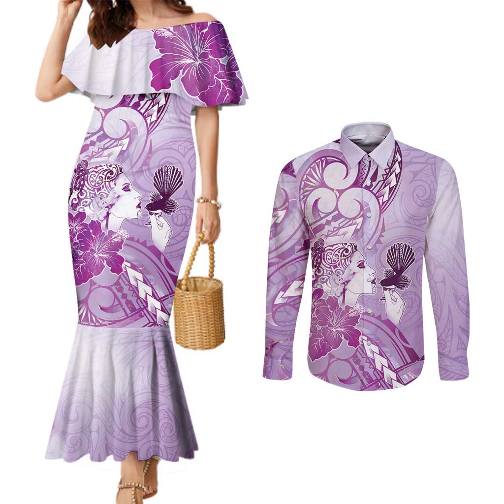 Aotearoa Maori Wahine Couples Matching Mermaid Dress and Long Sleeve Button Shirt Fantail Bird Purple Gold Marble