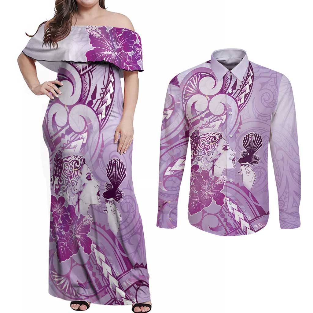 Aotearoa Maori Wahine Couples Matching Off Shoulder Maxi Dress and Long Sleeve Button Shirt Fantail Bird Purple Gold Marble