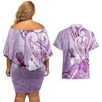 Aotearoa Maori Wahine Couples Matching Off Shoulder Short Dress and Hawaiian Shirt Fantail Bird Purple Gold Marble LT05 - Polynesian Pride