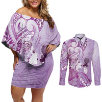 Aotearoa Maori Wahine Couples Matching Off Shoulder Short Dress and Long Sleeve Button Shirt Fantail Bird Purple Gold Marble LT05 Purple - Polynesian Pride