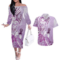 Aotearoa Maori Wahine Couples Matching Off The Shoulder Long Sleeve Dress and Hawaiian Shirt Fantail Bird Purple Gold Marble LT05 Purple - Polynesian Pride
