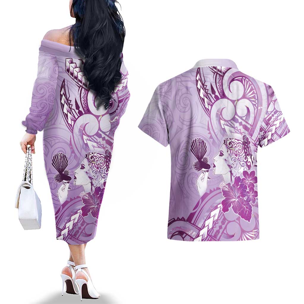 Aotearoa Maori Wahine Couples Matching Off The Shoulder Long Sleeve Dress and Hawaiian Shirt Fantail Bird Purple Gold Marble LT05 - Polynesian Pride