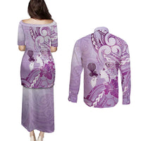 Aotearoa Maori Wahine Couples Matching Puletasi and Long Sleeve Button Shirt Fantail Bird Purple Gold Marble
