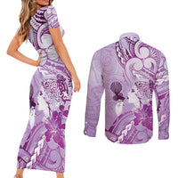 Aotearoa Maori Wahine Couples Matching Short Sleeve Bodycon Dress and Long Sleeve Button Shirt Fantail Bird Purple Gold Marble LT05 - Polynesian Pride