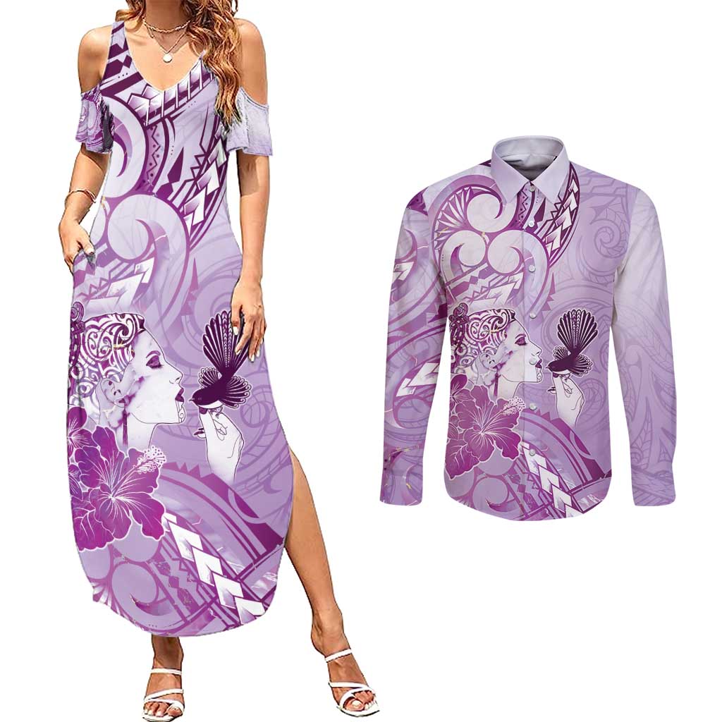 Aotearoa Maori Wahine Couples Matching Summer Maxi Dress and Long Sleeve Button Shirt Fantail Bird Purple Gold Marble LT05 Purple - Polynesian Pride