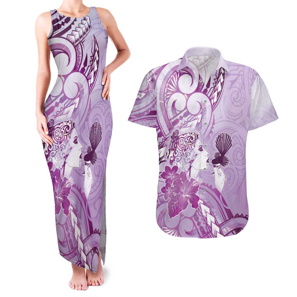 Aotearoa Maori Wahine Couples Matching Tank Maxi Dress and Hawaiian Shirt Fantail Bird Purple Gold Marble LT05 Purple - Polynesian Pride