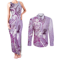 Aotearoa Maori Wahine Couples Matching Tank Maxi Dress and Long Sleeve Button Shirt Fantail Bird Purple Gold Marble LT05 Purple - Polynesian Pride