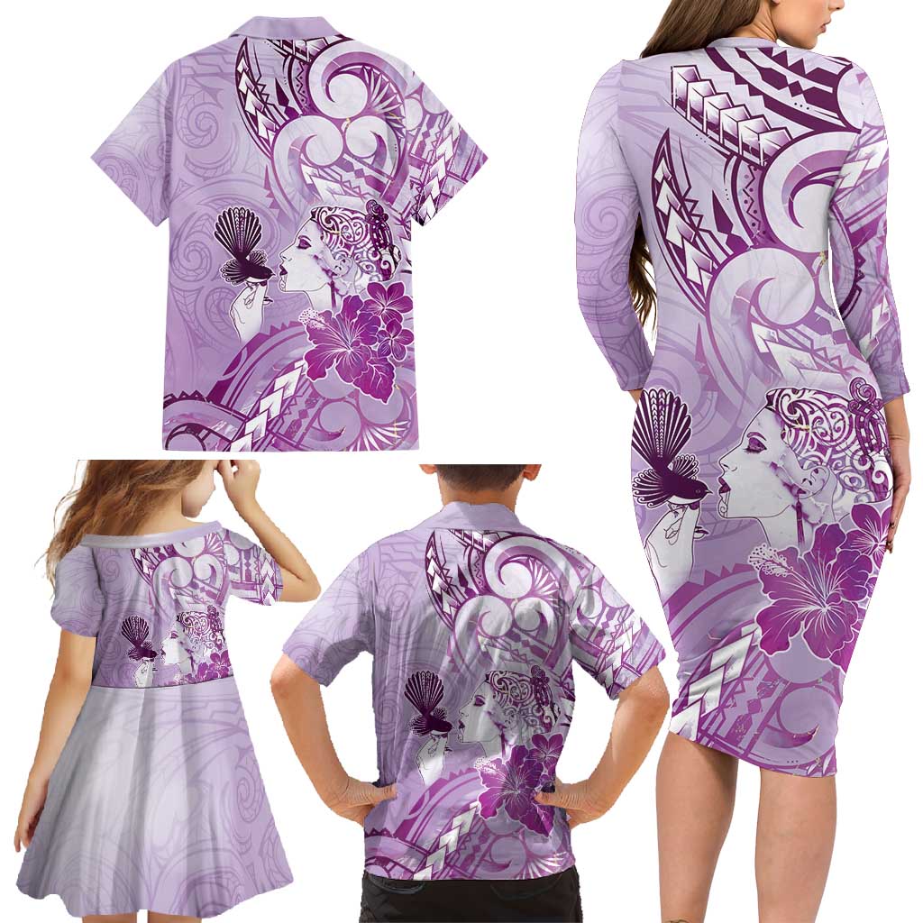 Aotearoa Maori Wahine Family Matching Long Sleeve Bodycon Dress and Hawaiian Shirt Fantail Bird Purple Gold Marble LT05 - Polynesian Pride