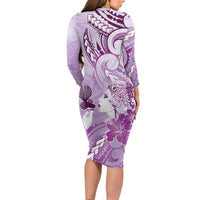 Aotearoa Maori Wahine Family Matching Long Sleeve Bodycon Dress and Hawaiian Shirt Fantail Bird Purple Gold Marble LT05 - Polynesian Pride