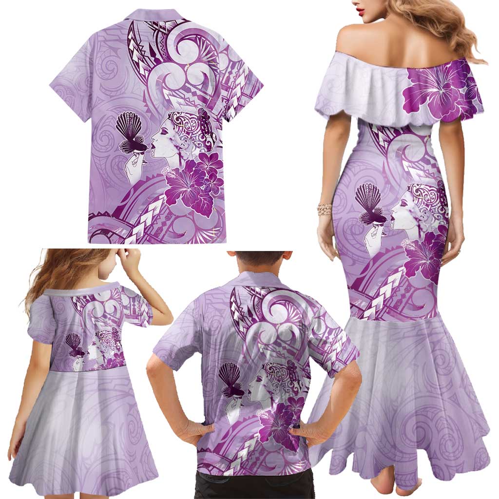 Aotearoa Maori Wahine Family Matching Mermaid Dress and Hawaiian Shirt Fantail Bird Purple Gold Marble LT05 - Polynesian Pride