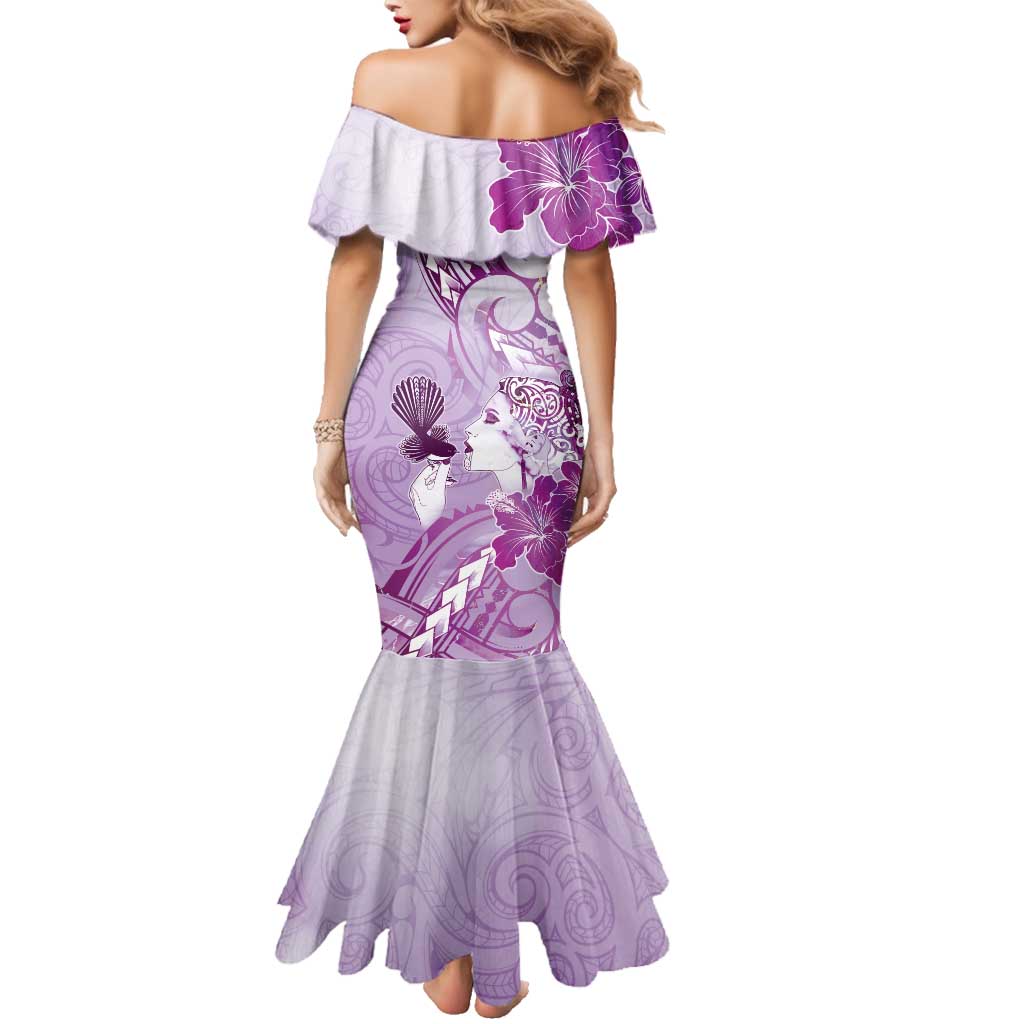 Aotearoa Maori Wahine Family Matching Mermaid Dress and Hawaiian Shirt Fantail Bird Purple Gold Marble LT05 - Polynesian Pride