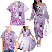 Aotearoa Maori Wahine Family Matching Off The Shoulder Long Sleeve Dress and Hawaiian Shirt Fantail Bird Purple Gold Marble LT05 - Polynesian Pride