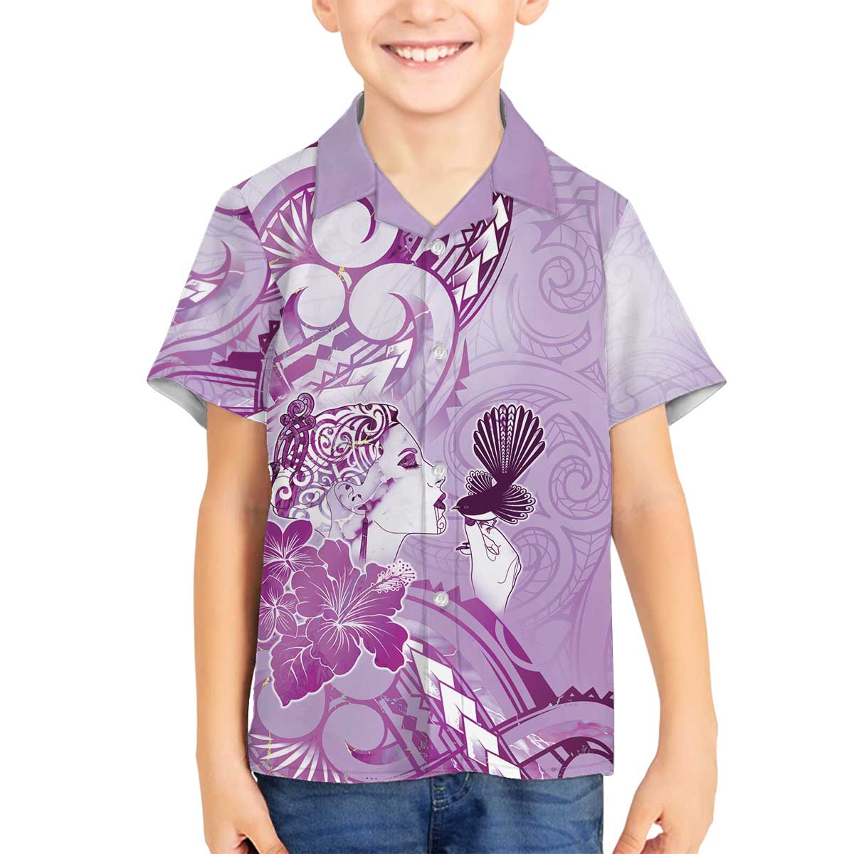 Aotearoa Maori Wahine Family Matching Off The Shoulder Long Sleeve Dress and Hawaiian Shirt Fantail Bird Purple Gold Marble LT05 Son's Shirt Purple - Polynesian Pride