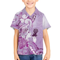 Aotearoa Maori Wahine Family Matching Off The Shoulder Long Sleeve Dress and Hawaiian Shirt Fantail Bird Purple Gold Marble LT05 Son's Shirt Purple - Polynesian Pride