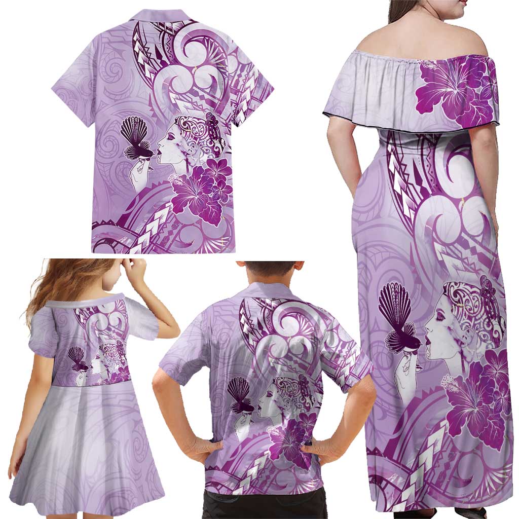 Aotearoa Maori Wahine Family Matching Off Shoulder Maxi Dress and Hawaiian Shirt Fantail Bird Purple Gold Marble LT05 - Polynesian Pride
