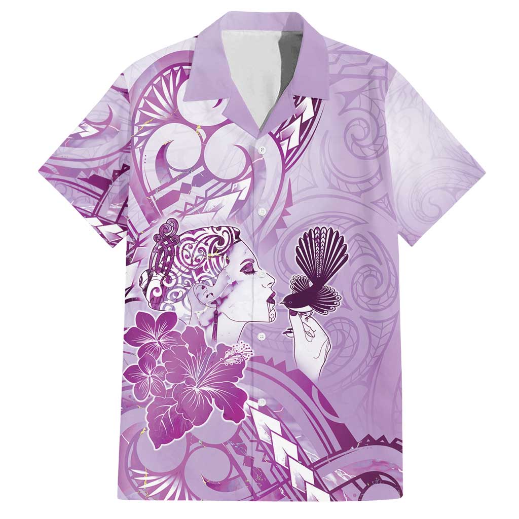 Aotearoa Maori Wahine Family Matching Off Shoulder Maxi Dress and Hawaiian Shirt Fantail Bird Purple Gold Marble LT05 Dad's Shirt - Short Sleeve Purple - Polynesian Pride